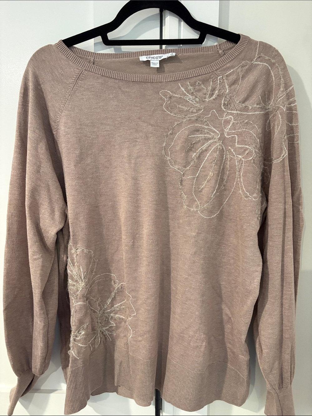 Chico's Woman’s Tan Embroidered Floral Pullover Knit Sweater Top Size Large